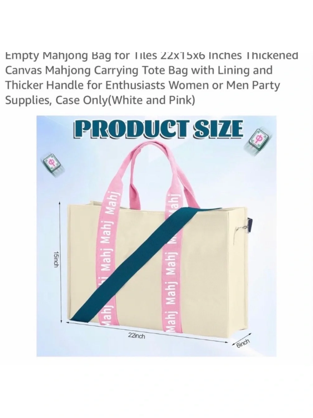 Canvas Mahjong Carrying Tote Bag with Pink Handles and Teal Strap